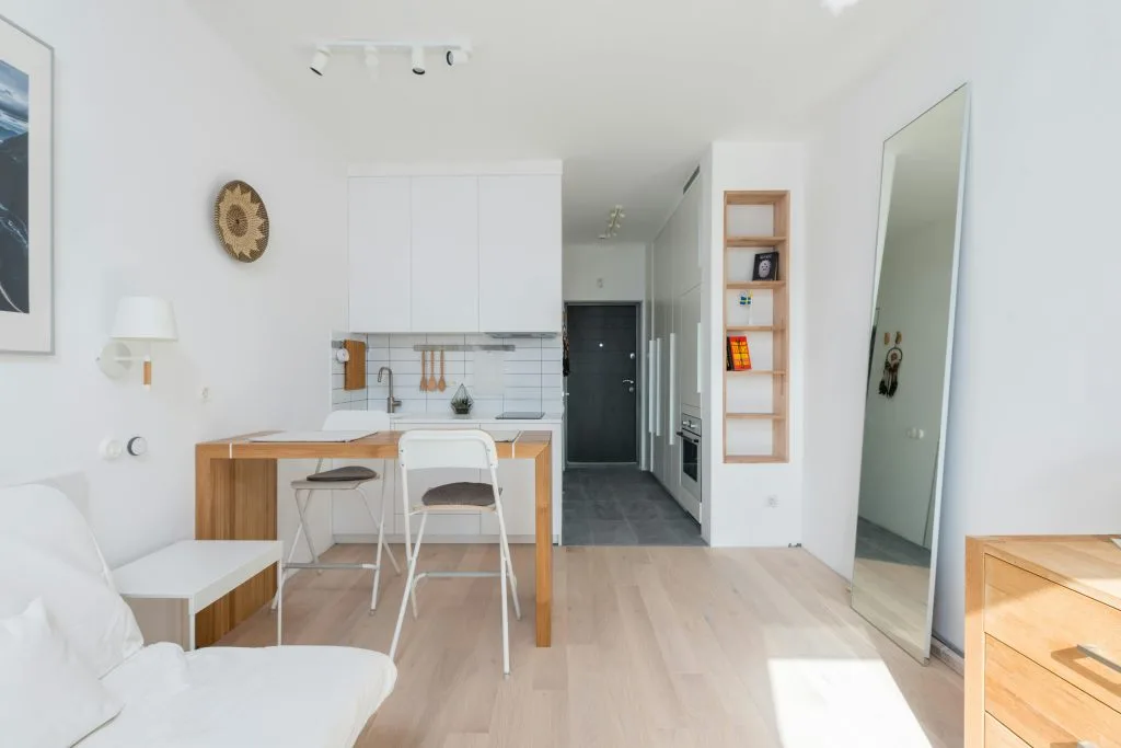 Bright and airy modern apartment with minimalist decor and open kitchen design.
